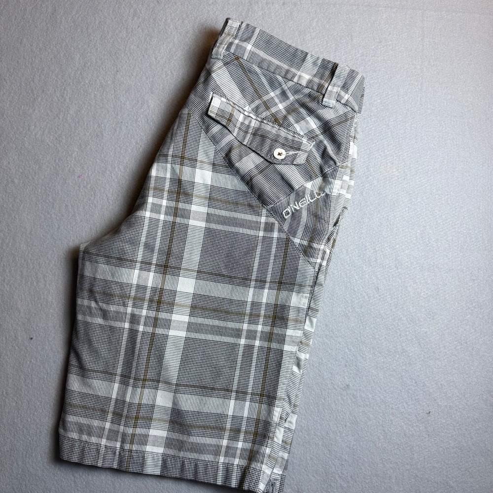 O'Neill Mens Plaid Walk Shorts Grey White Size 32 Casual Surf Flat Front